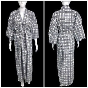 Vintage Changshan Long Robe Sz L Belted Black White Rectangles Changpao Lined